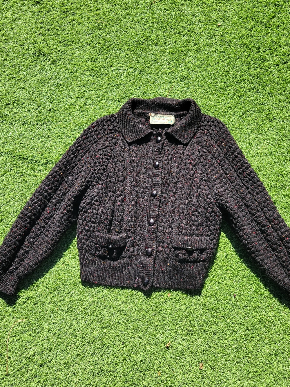 VTG Cladyknit Donegal Tweed 100% Wool Handcraft Aran Knit Cardigan Black W Sz S